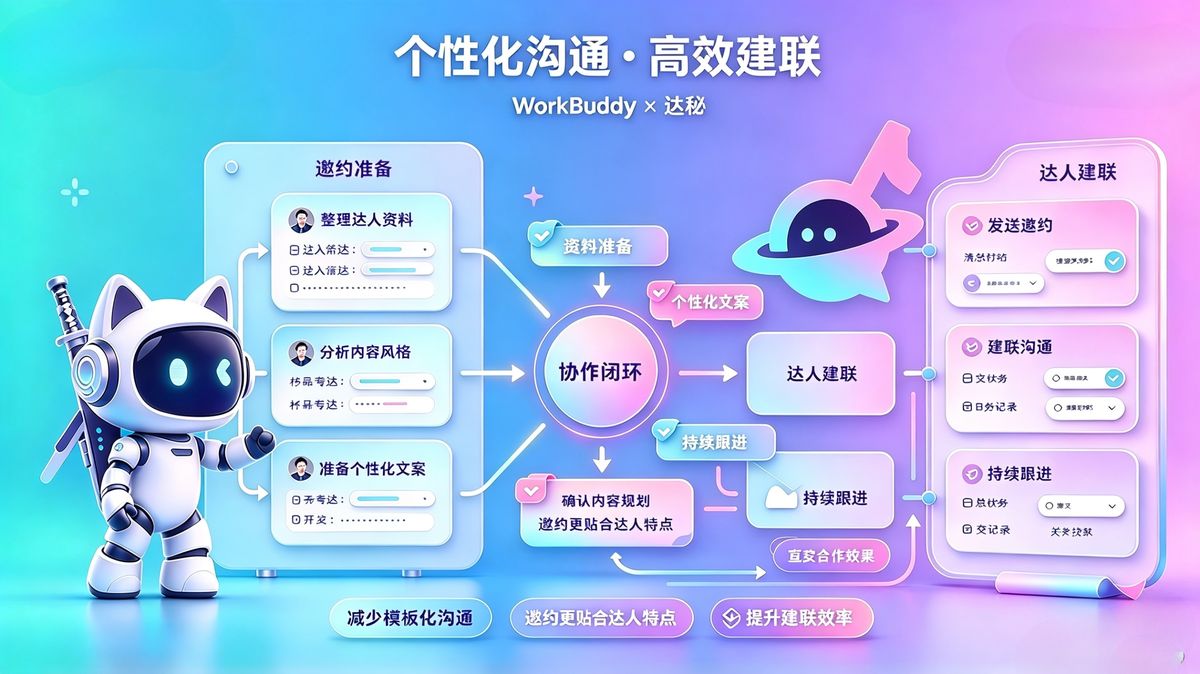 个性化沟通与高效建联：WorkBuddy 整理达人资料准备个性化邀约文案，达秘承接邀约与跟进